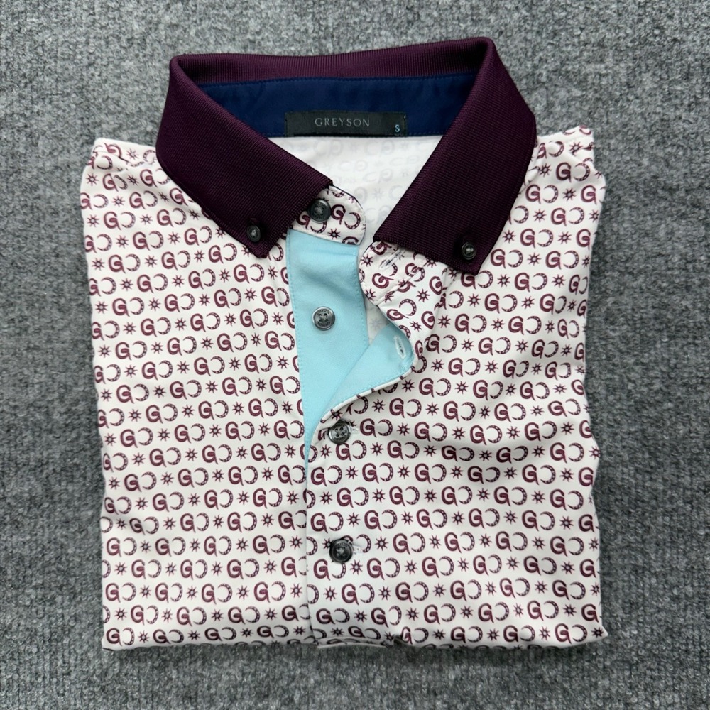 Greyson Clothiers Mens Small White Burgundy Logo Print Golf Polo Shirt Stretch - Picture 9 of 9